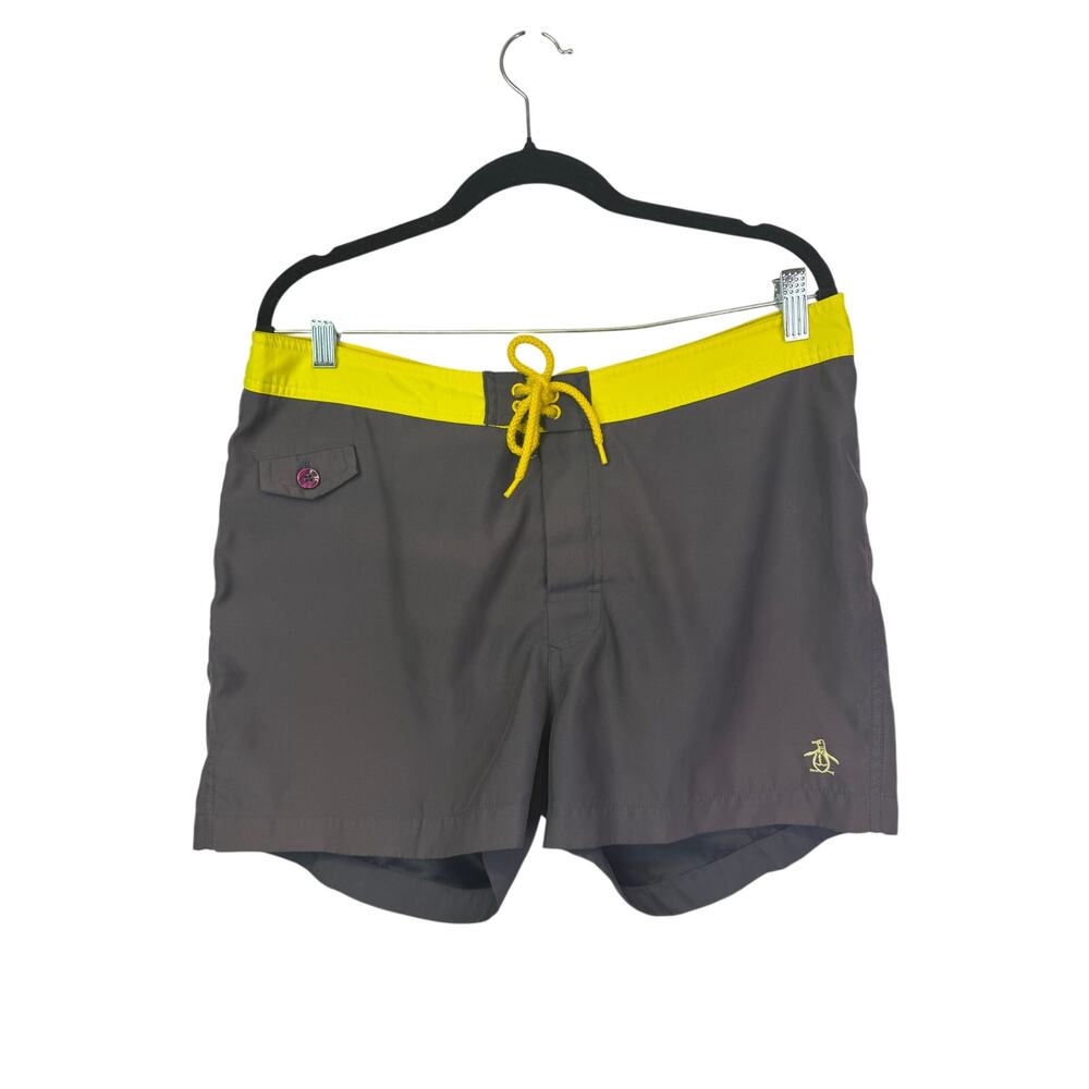 Original PENGUIN Retro Solid Gray /NeonYellow Swim Shorts sz 34